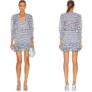 ! Veronica Beard Cobalt Multi 3/4 Sleeve Surplice Darrah Smocked Dress S…